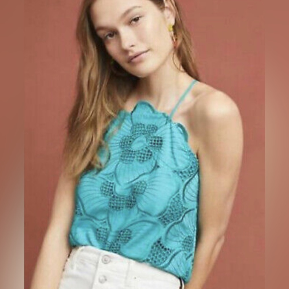 Anthropologie Corey Lynn Calter - Turquoise embroidered halter cut blouse